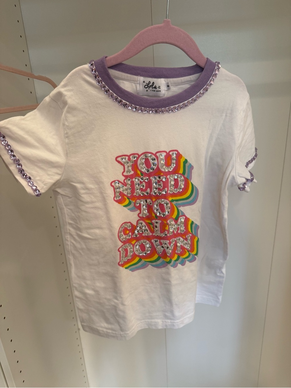 Lola + The Boys White Tee with Purple Trim and Rainbow Sequin Text